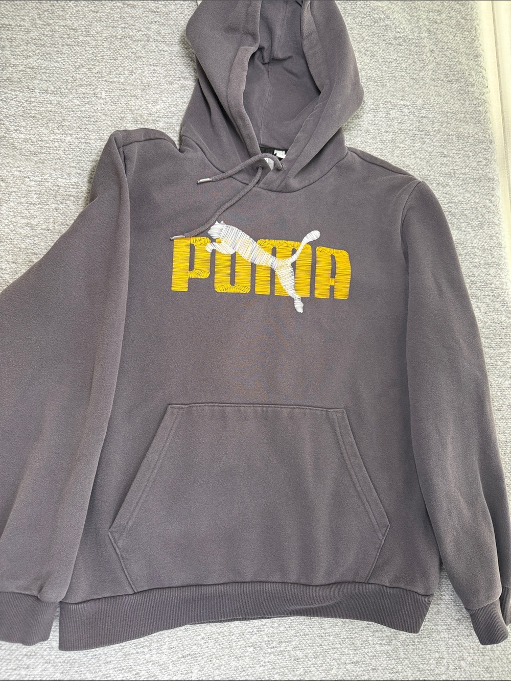 Puma Men's Charcoal Crewneck Hoodie with Yellow Logo Size M